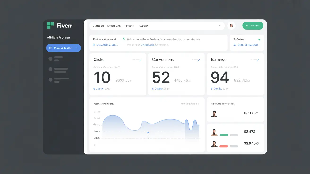 Screenshot of Fiverr affiliate dashboard displaying clicks, conversions, and commission earnings on a clean desktop interface