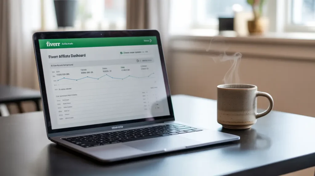 Fiverr affiliate dashboard open on a laptop placed on a white desk with coffee, minimal setup and natural lighting