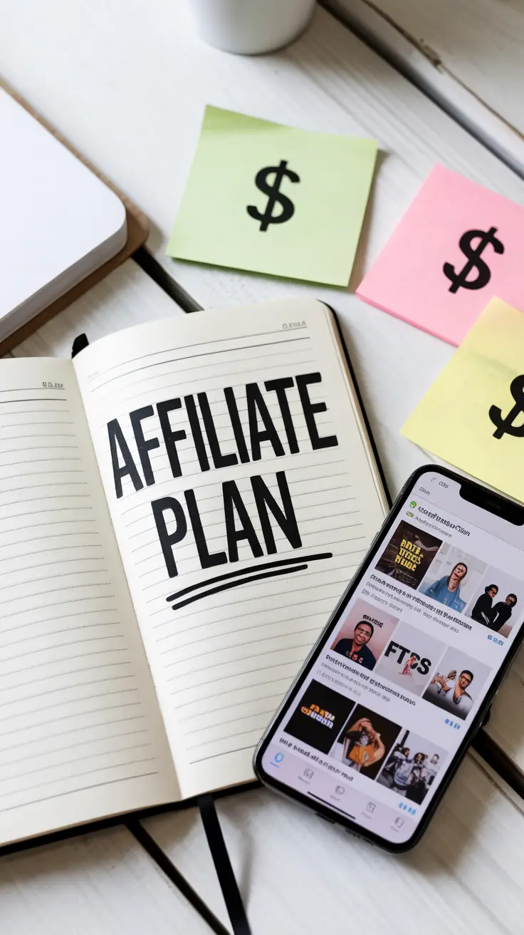 Flatlay of a white desk with a notebook titled Affiliate Plan, a smartphone showing Fiverr gigs, and sticky notes with dollar signs