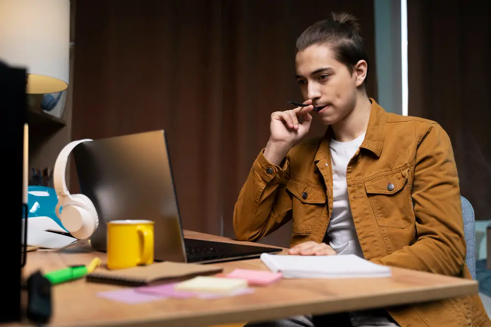 Freelancer typing article content on laptop for Fiverr writing services.